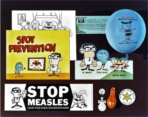Posters, stickers, flyers, and other promotional materials for measles prevention.